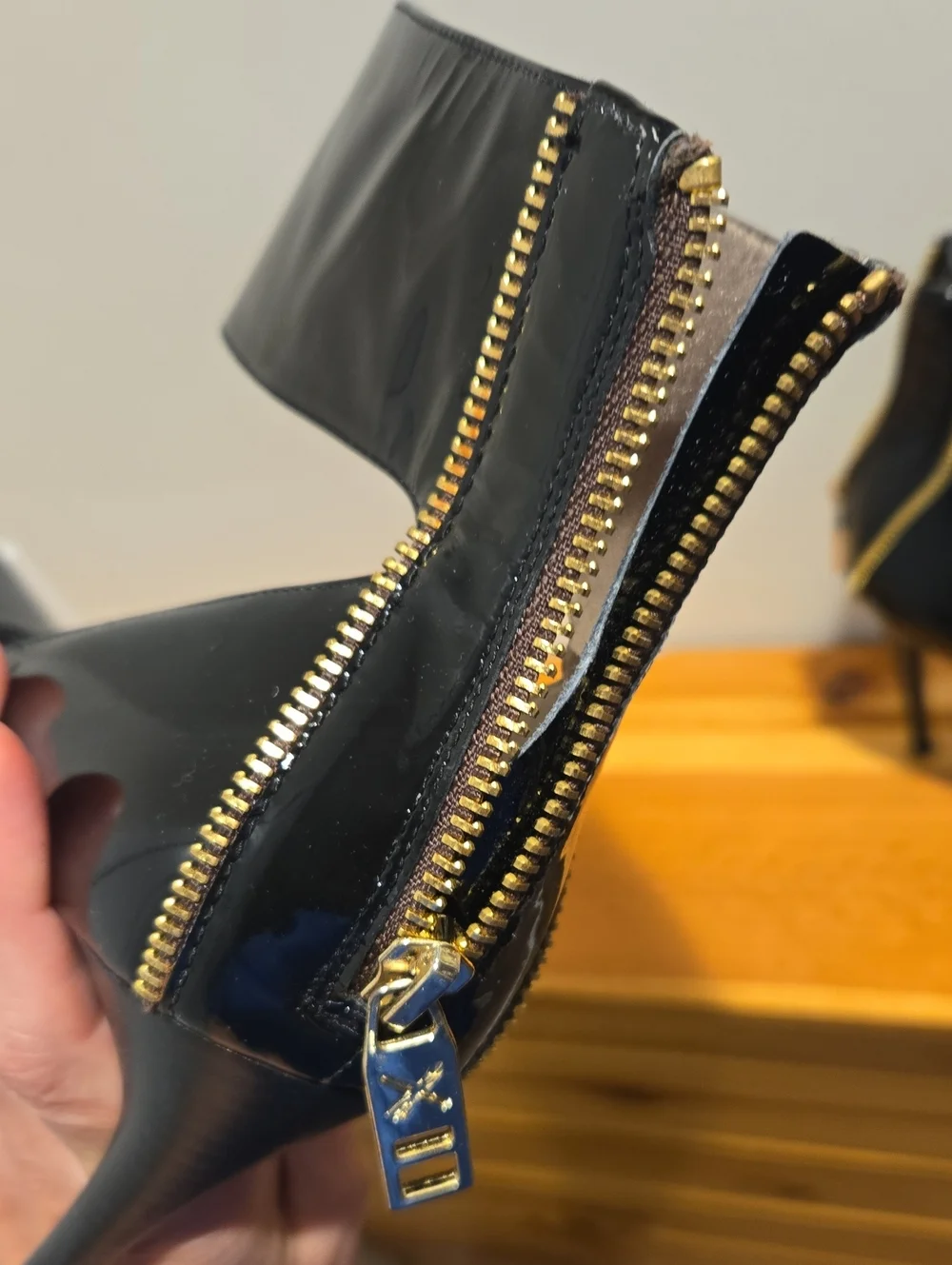 Donald J. Pliner Black Patent Pointed-Ankle Strap Pumps with Gold Zip